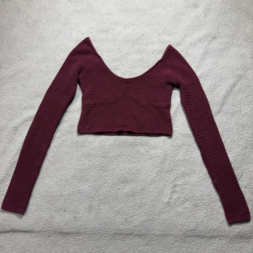FP Beach Sweater Womens XS Burgundy Long Sleeve Knit Crop Pullover Boho Stretch